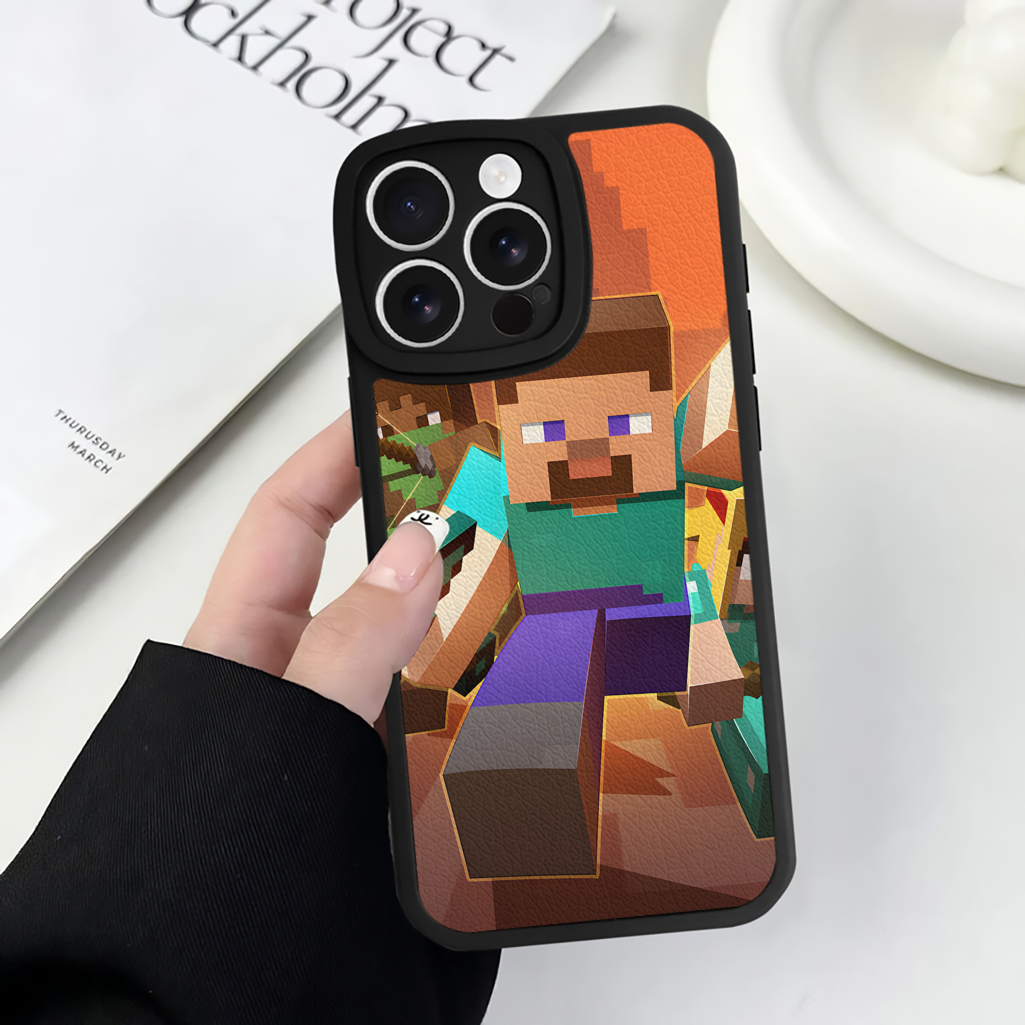 （画像用） マインクラフト ブロックの世界 Minecraft MC Block world 【iPhone 16シリーズ対応】シリコンスマホケース（レザー調） 材質：シリコン